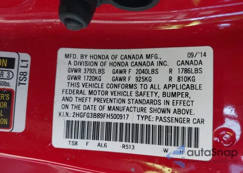 2015 Honda Civic Ex z USA, uszkodzony, nr VIN 2HGFG3B89FH500917